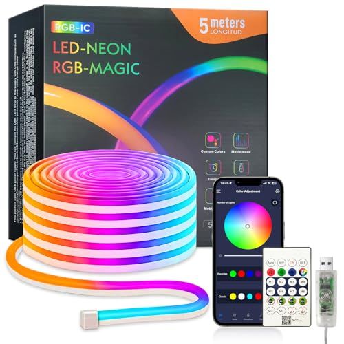 LEDネオンライト 5m USB給電 RGBIC チューブ式 音楽同期 256色アプリ調光 流れるような虹色発光 防水（IP65） 魔法のカラーライト テープライト 寝室/リビング/キッチン/パーティー/クリスマス装飾用 簡単取り付け 日本語アプリ/リ送料無料