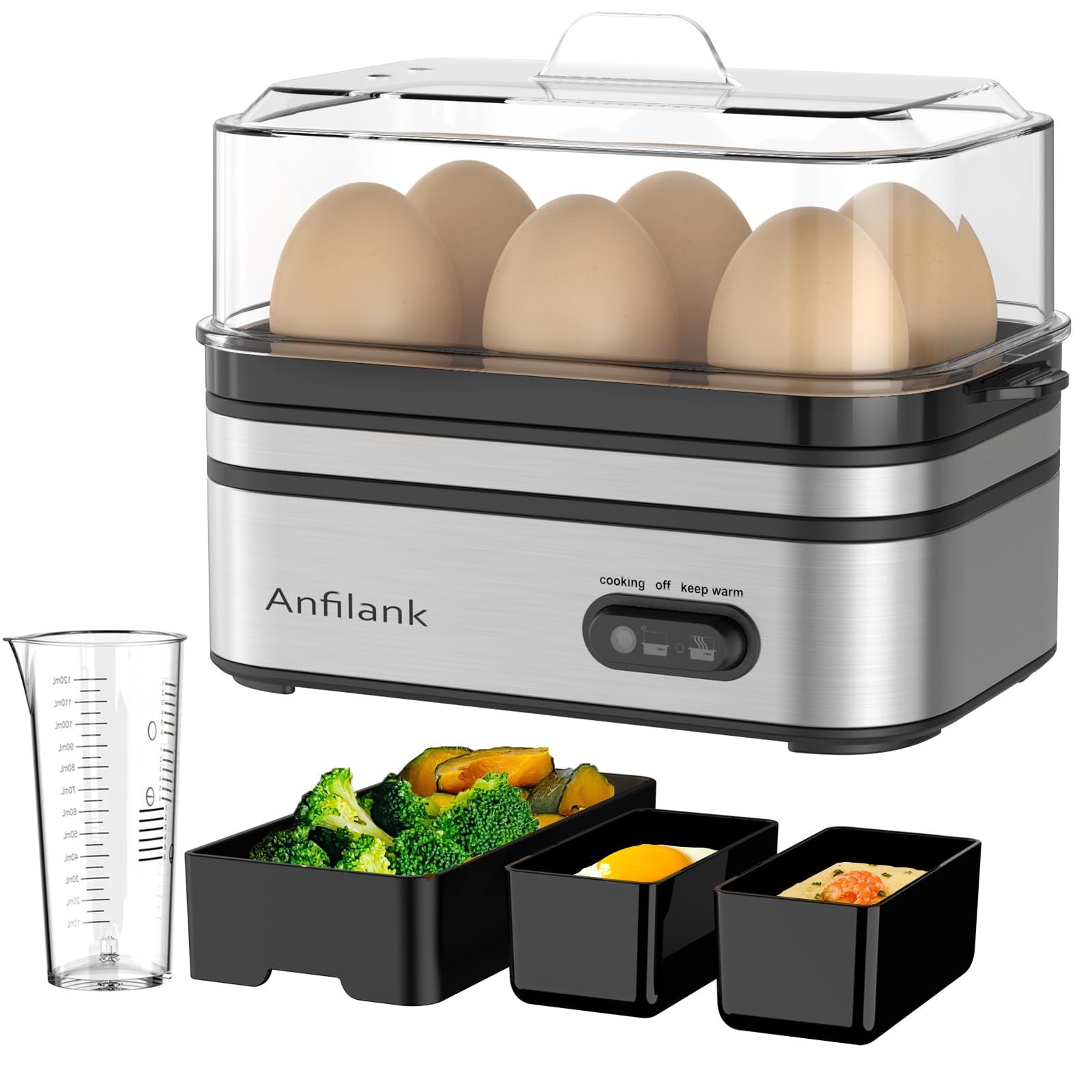 Anfilank ゆで卵メーカー スチームクッカー 保温機能 半熟卵 固ゆで卵 茶碗蒸し 蒸し料理 自動調理 BPAフリー エッグスチーマー 3色選択可能 PSE認証済 簡単操作 コンパクト お手入れ簡単（シルバー）★ ab447968
