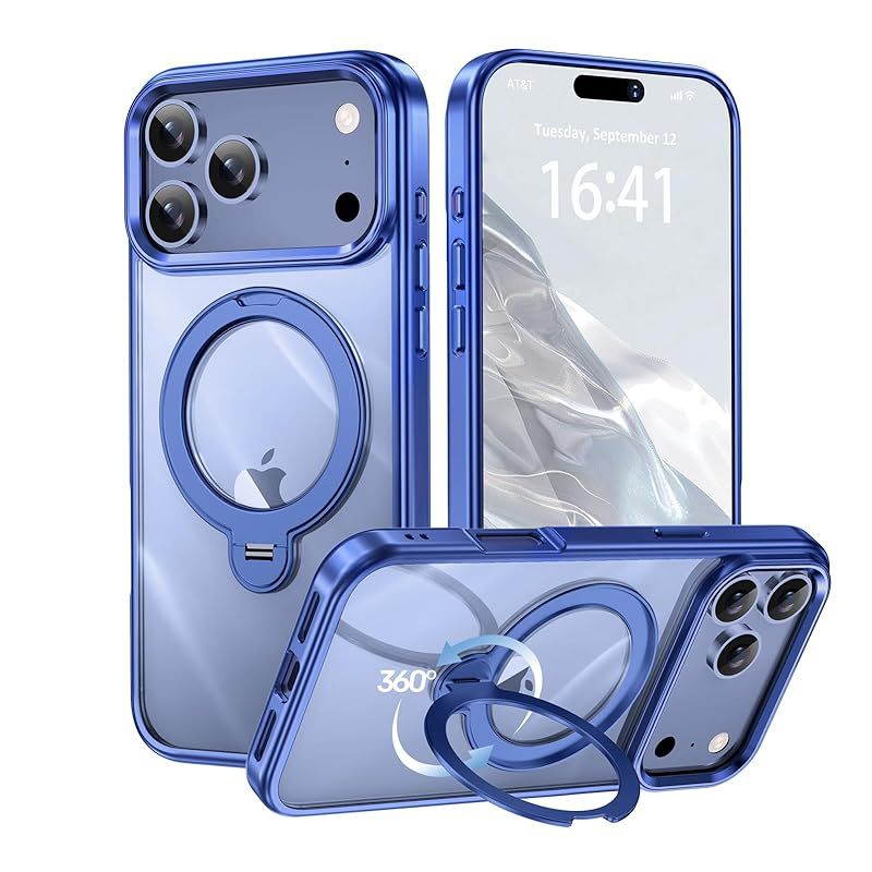 【透き通る上質感・多機能360°回転スタンド】KMAMBNG iPhone 17 ProMax 用 ケース Magsafe対応【耐衝撃・金属感・真空メッキ・黄変防止・ストラップホール付き】縦横両立 角度自在 調整可能 磁吸機能でワイヤレス充電対応 おしゃれ ス