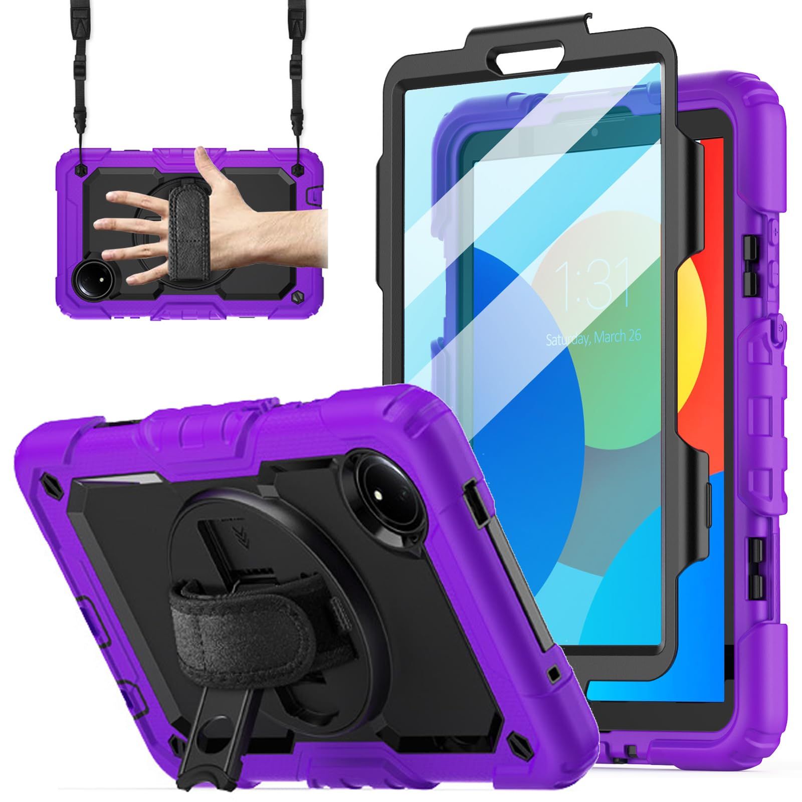新品 Aokil For Redmi Pad SE 8.7 4G ケース 2024年発売 For Redmi Pad SE 8.7インチ カバー PETスクリーンプロテクターが内蔵 360°回転スタンド 肩掛け シリコン ハード 三層保護 生活防水 防塵 全面