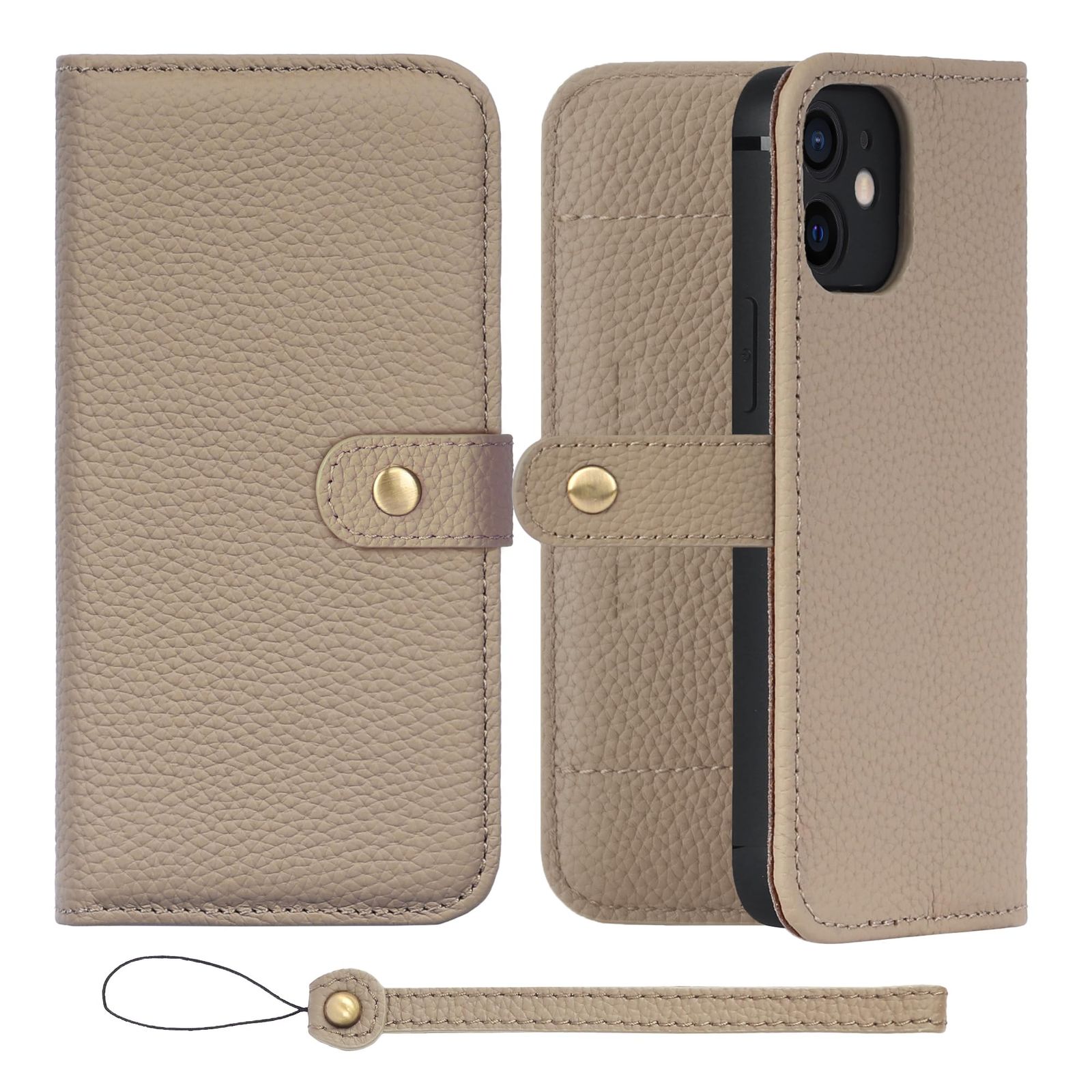 新品 HANATORA for iPhone 12 ケース 手帳型 本革 スマホケース スマホ スタンド ストラップ 付き シュリンクカーフレザー ベルトあり マグネットなし グレージュ H1SPB-12-Grege ギフト 誕生日 女性 男性 彼女 お母さん