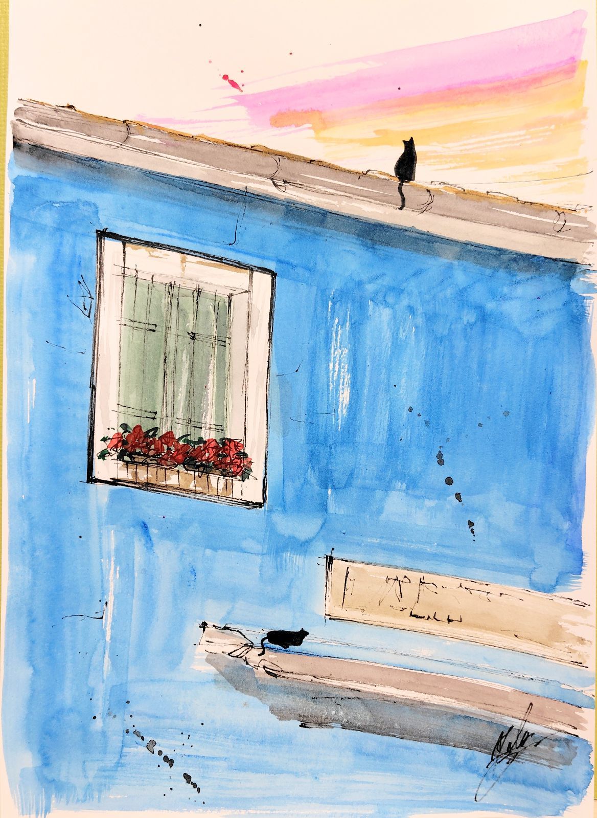 原画#527 黒猫 猫 夕暮れ ベネチア 水彩画 ドローイング ヨーロッパ