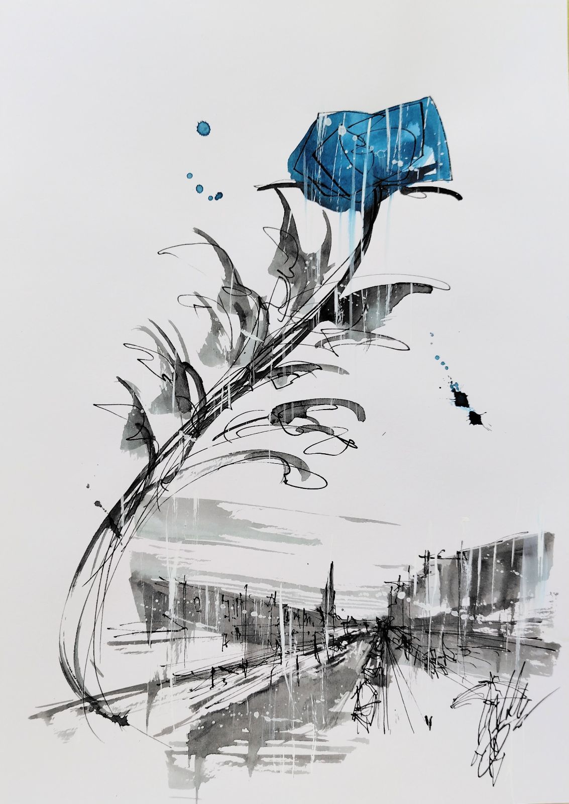 原画#3389 黒猫　雨　ベネチア　窓　水彩画　ドローイング　インテリア　アート 原画#423 黒猫 猫 雪 ベネチア イタリア 水彩画 ドローイング