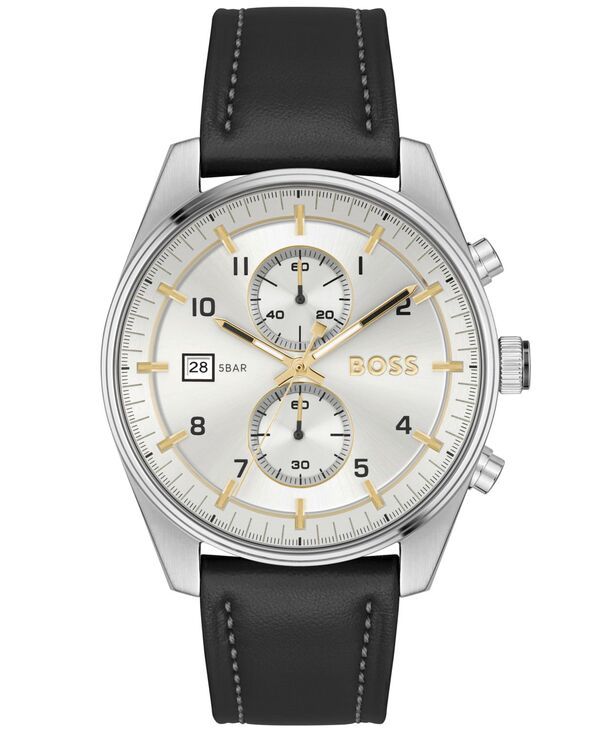 ヒューゴボス メンズ アクセサリー 腕時計 レザー Hugo Boss Mens Skytraveller Quartz Fashion Chrono Black Leather Watch 44mm Black Leather ブラック