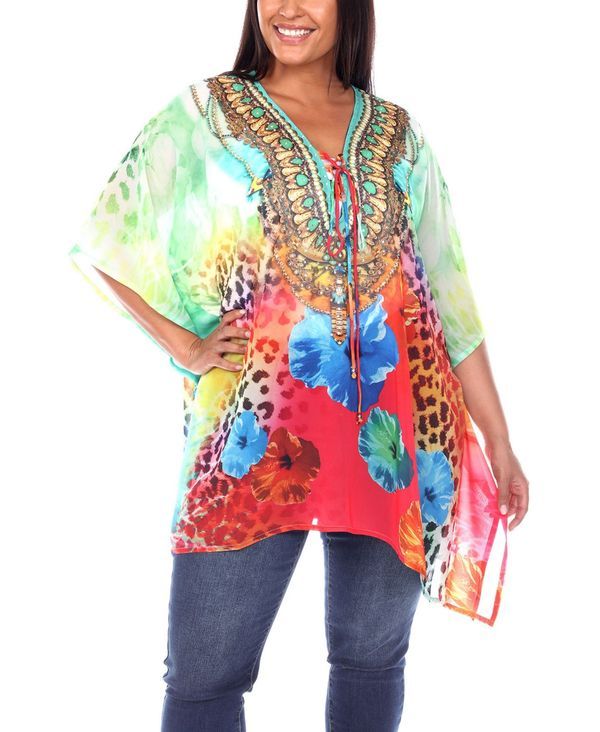 ホワイトマーク レディース トップス シャツ プラスサイズ White Mark Plus Size Short Caftan with TieUp Neckline Red Cheetah レッド
