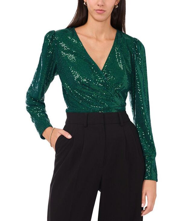 ヴィンスカムート レディース トップス シャツ スパンコール 長袖 Vince Camuto Womens Sequined FauxWrap LongSleeve Top Arresting Emerald エメラルド