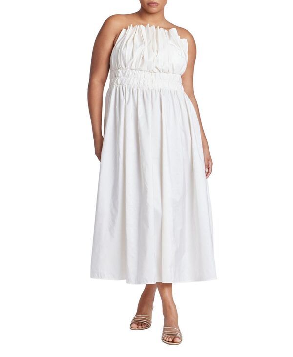 エロクイ レディース トップス ワンピース ミディワンピース プリーツ フリル ミディ ELOQUII Womens Pleated Ruffle Neckline Midi Dress Neutral cream クリーム