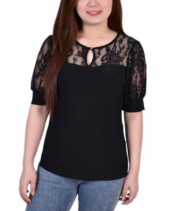 ニューヨークコレクション レディース トップス シャツ プチ レース NY Collection Petite Puff Sleeve Lace Top Black ブラック