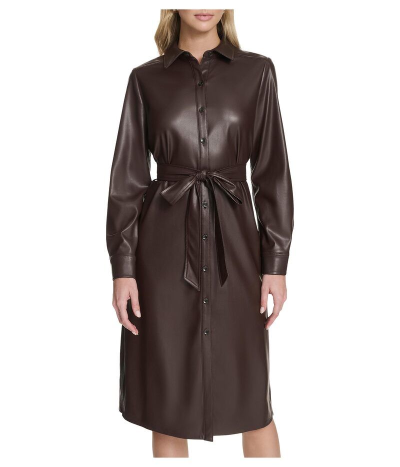 カルバンクライン レディース トップス ワンピース シャツワンピース シャツ レザー Calvin Klein PU Leather Shirtdress Coffee Bean コーヒー