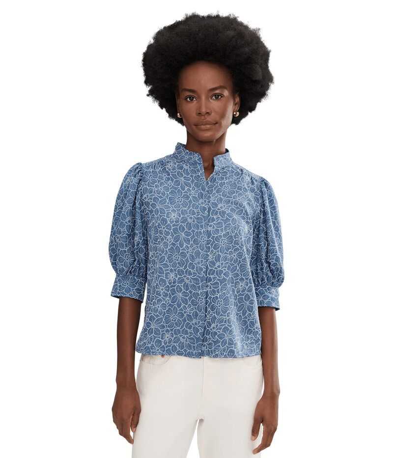 セセ レディース トップス シャツ CeCe Chambray Short Sleeve Hidden Placketop Classic Navy ネイビー