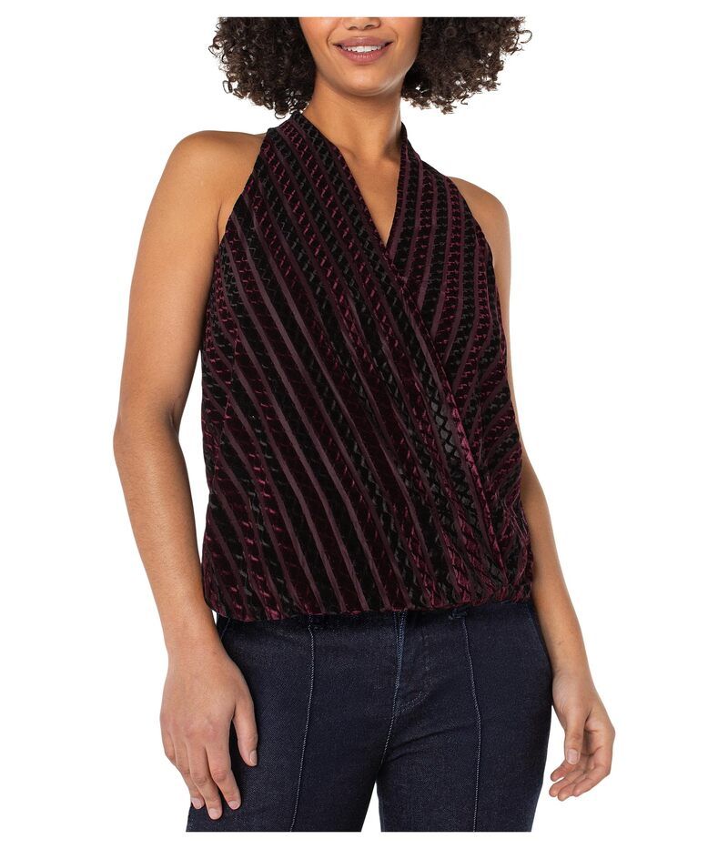 リヴァプール ロサンゼルス レディース トップス シャツ ベルベット ノースリーブ ニット Liverpool Los Angeles Sleeveless Crossover Knit Top W Velvet Stripes Black Burgundy