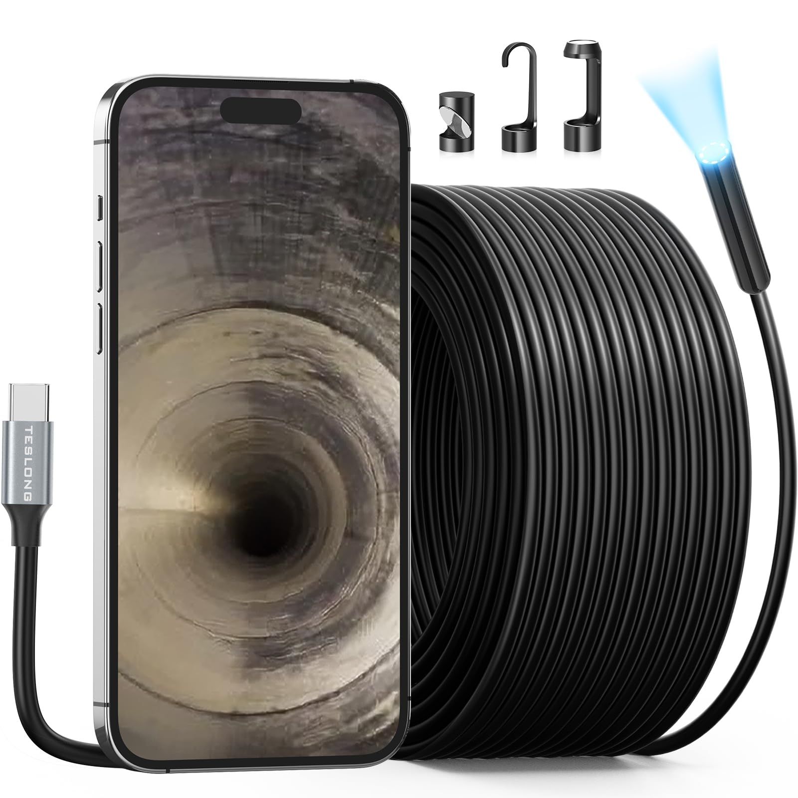 【新品】15M下水道内視鏡カメラ Teslong ファイバースコープiphone 15対応 USB C排水管ボアスコープ検査カメラ8個高輝度LED搭載 50フィートの柔軟で防水の工業用内視鏡 ファイバースコープカメラ排水口/配管内/自宅建築の cf4421bc