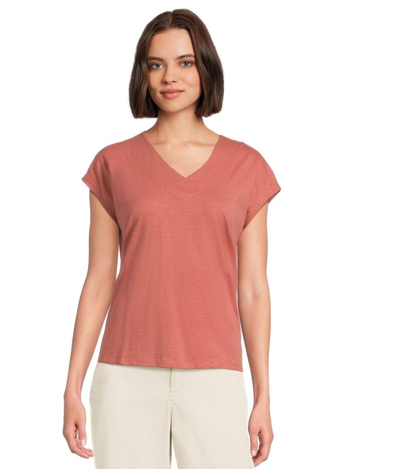 エルエルビーン レディース トップス シャツ Vネック コットン キャップ LLBean Organicotton VNeck Cap Sleeve Tee Sienna Brick