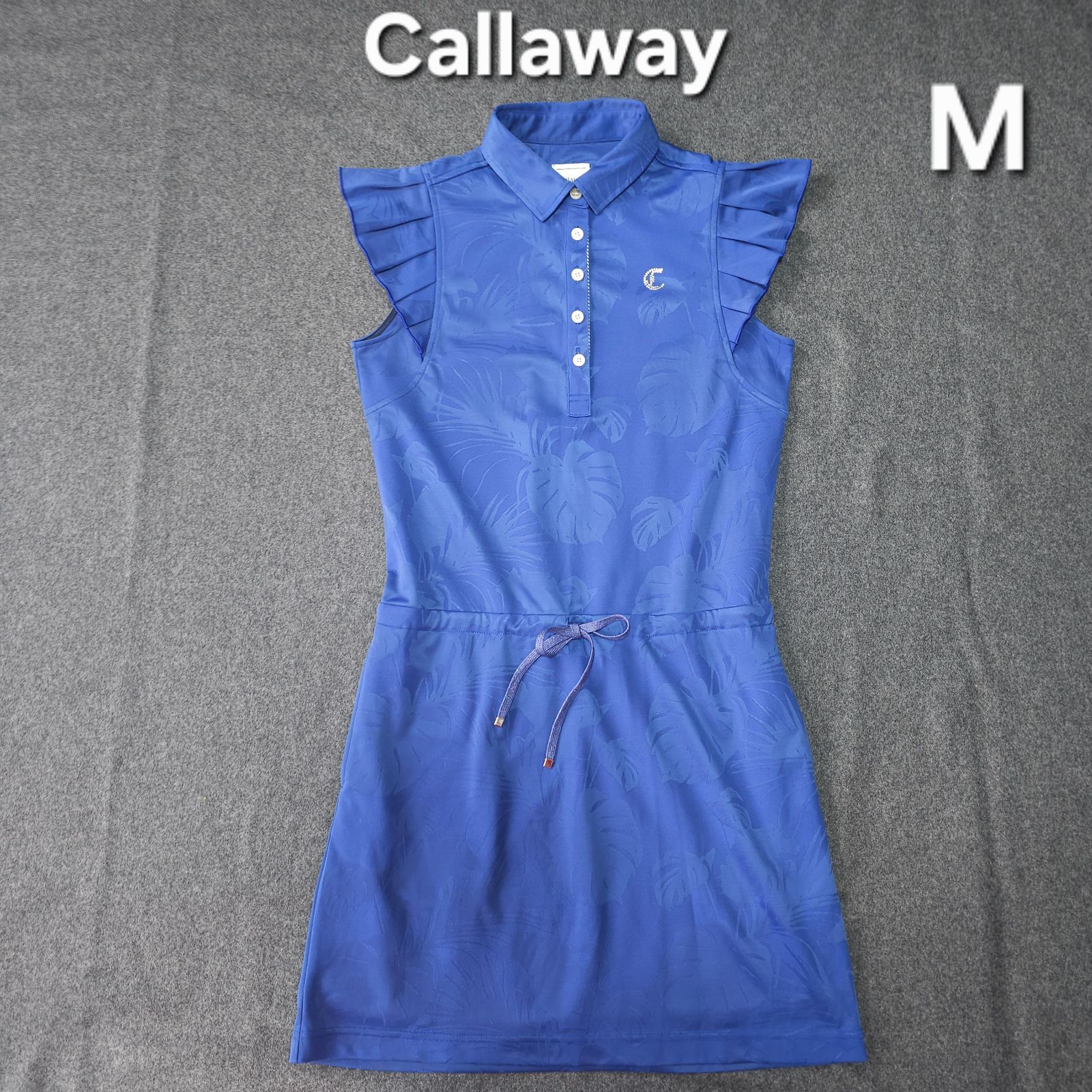 【?値下げ交渉受付中】美品 Callaway 総柄 フレンチスリーブ 半袖 ゴルフ ワンピース レディース M ブルー ストレッチ 速乾 ストレッチ素材 キャロウェイ