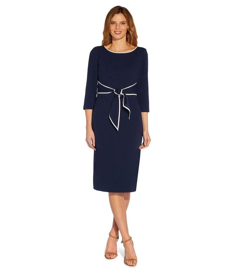 アドリアナ パペル レディース トップス ワンピース クレープ コントラスト Adrianna Papell Stretch Crepe Tie Front Dress with Contrast Tipping Navy SateenIvory アイボリー