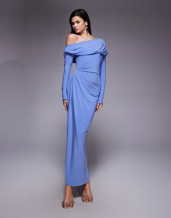 エイソス レディース トップス ワンピース ドレープ マキシ ASOS DESIGN slinky long sleeve fallen shoulder maxi dress with drape detail in light Blue ブルー