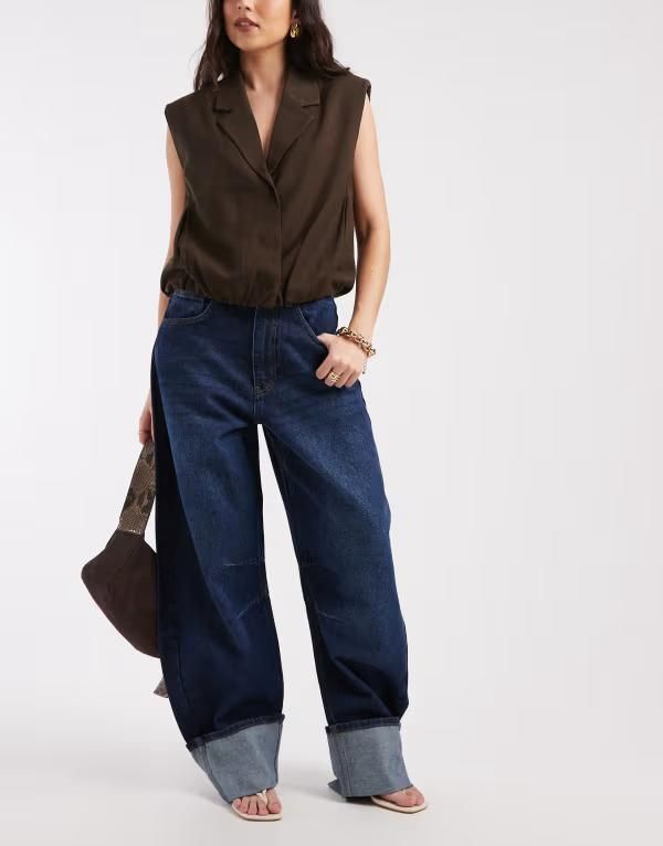 エイソス レディース ボトムス デニムパンツ ヴィンテージーンズ ASOS DESIGN cuffed barreleg jeans in vintage blue wash Vintage Blue ブルー