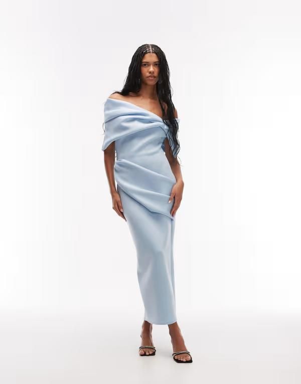 エイソス レディース トップス ワンピース ミディ スキューバ ASOS DESIGN exaggerated bardot midi dress in pale blue scubastyle fabric Pale blue ブルー