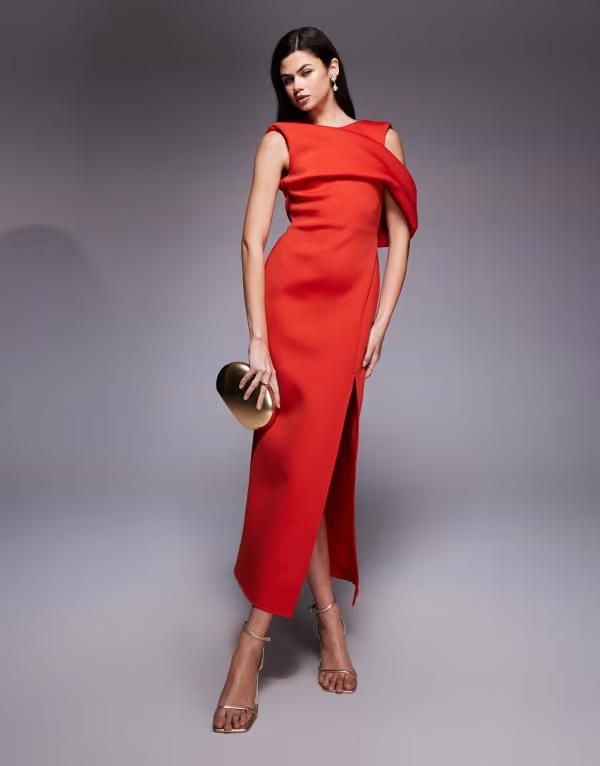 エイソス レディース トップス ワンピース カットアウト ミディ スキューバ ASOS DESIGN dropped cut out shoulder midi dresscubastyle fabric Red レッド