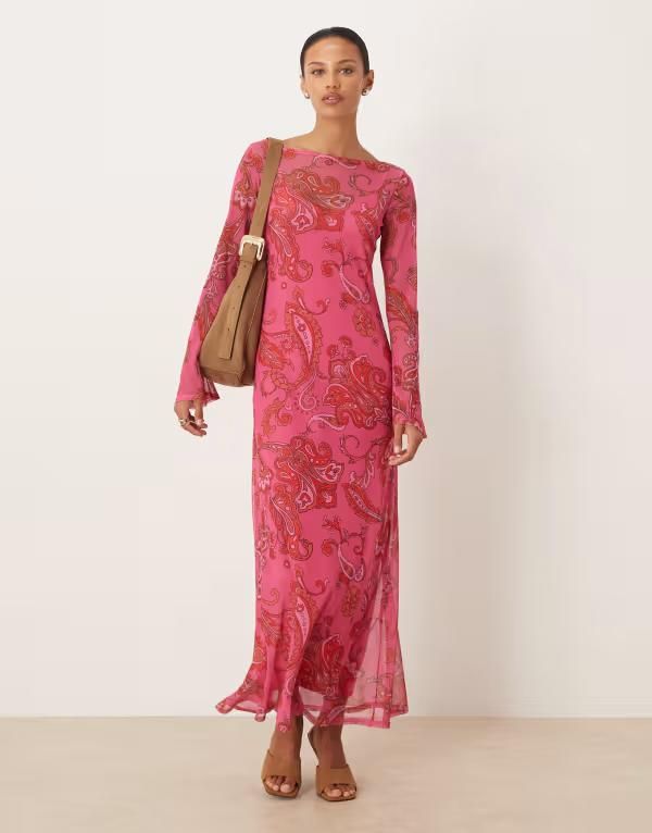 ネバーフリードレスド レディース トップス ワンピース メッシュ マキシ Never Fully Dressed mesh slash neck flared sleeves maxi dress paisley Pink Paisley ピンク