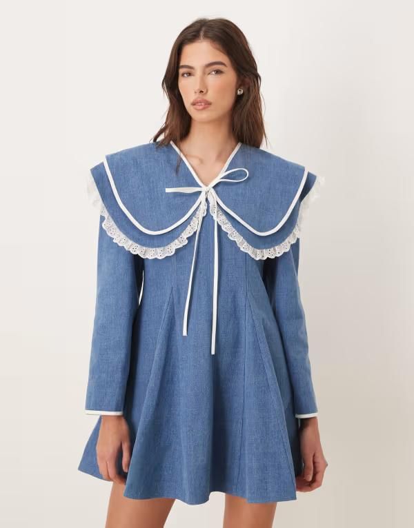シスタージュン レディース トップス ワンピース ミニ コットン デニム Sister Jane Dappled pure cotton oversized collar mini dress with bow denim Blue ブルー