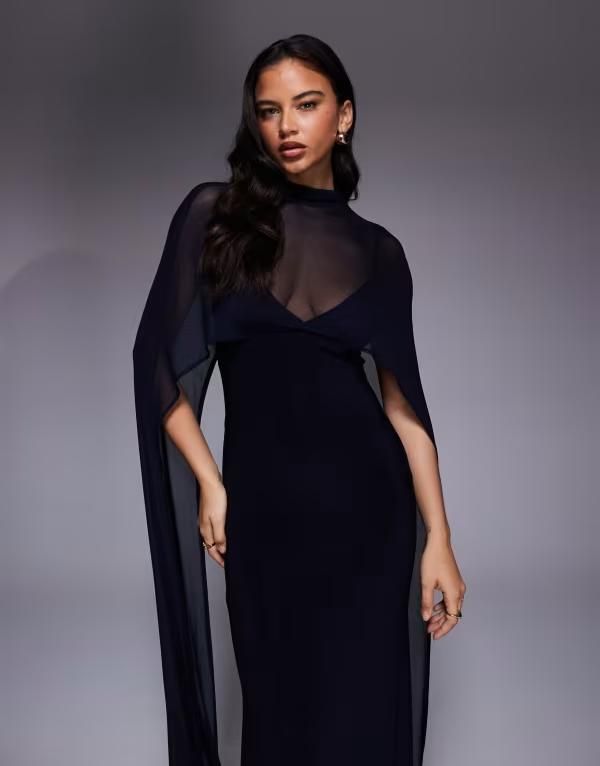 エイソス レディース トップス ワンピース ケープデザイン マキシワンピース キャップ ケープ マキシ ASOS DESIGN exaggerated cape maxi dress NAVY ネイビー