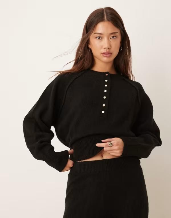 エイソス レディース アウター ニット・セーター セーター ニット ASOS DESIGN knit long sleeve henley sweater with gold buttons Black ブラック