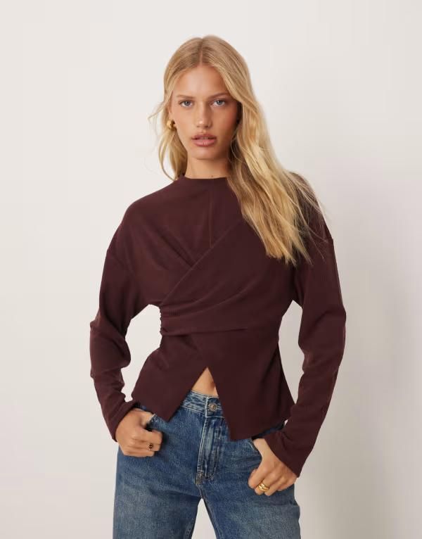 エイソス レディース トップス Tシャツ ASOS DESIGN wrap long sleeve in textured Burgundy バーガンディ