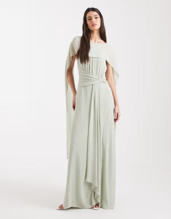 ティエフエヌシー レディース トップス ワンピース シフォン ケープデザイン キャップ ケープ マキシ TFNC Bridesmaid Carmina chiffon cape twist detail maxi dress in sage Green グリー