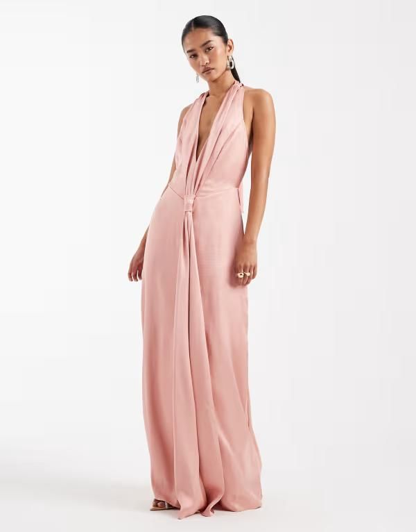 ティエフエヌシー レディース トップス ワンピース サテン マキシ ホルター TFNC Bridesmaid Tiv satin plunge halterneck tassel detail maxi dress PINK ピンク