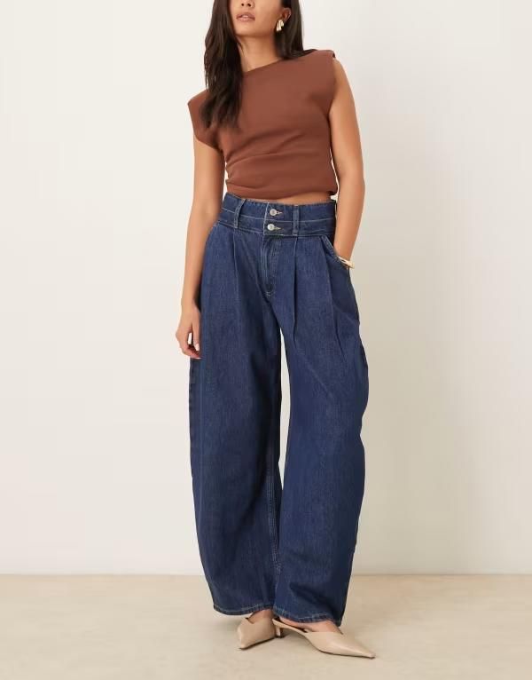 エイソス レディース ボトムス デニムパンツ ジーンズ ASOS DESIGN barrel leg jeans with double waistband in mid BLUE ブルー