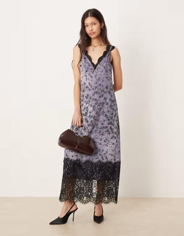 エイソス レディース トップス ワンピース Vネック マキシワンピース フラワー柄 サテン レース マキシ フラワー ASOS DESIGN lace detailing vneck crinkle satin maxi dress floral Black