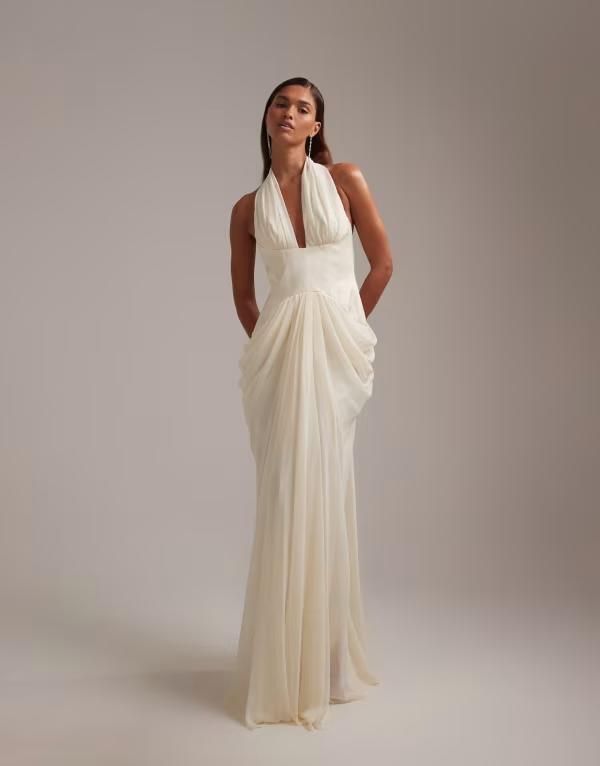 エイソス レディース トップス ワンピース ウエストマーク マキシ ホルター ASOS DESIGN Bridal plunge halter neck cinched waist wedding maxi dress with train Ivory アイボ 49,080円