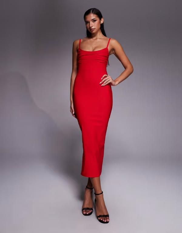 ベスパー レディース トップス ワンピース ギャザー Vesper bengaline cami strappy ruched bust midaxi dress RED レッド