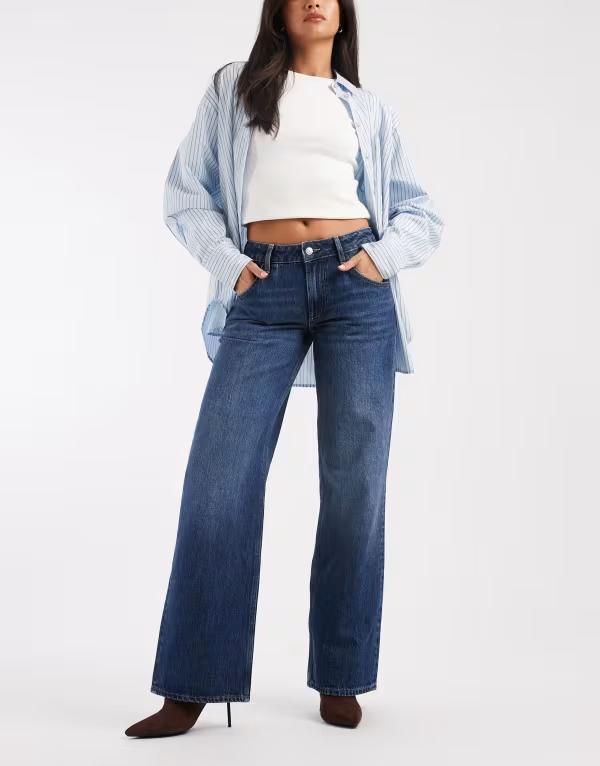 エイソス レディース ボトムス デニムパンツ ワイドレッグ ジーンズ ASOS DESIGN low waist baggy wide leg jeans in dark mid DARK MID BLUE ブルー