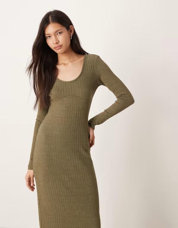 エイソス レディース トップス ワンピース ミディワンピース リブ ミディ ASOS DESIGN ribbed long sleeve scoop with under bust seam detail midi dress in olive OLIVE オ