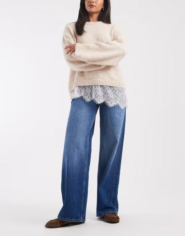 エイソス レディース ボトムス デニムパンツ ワイドレッグ ローライズ ジーンズ ASOS DESIGN low rise wide leg jeans in mid MID BLUE ブルー