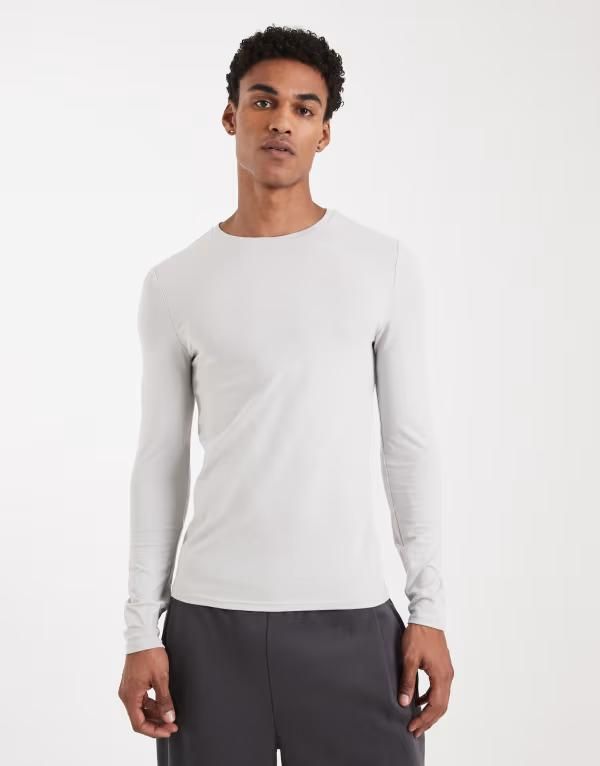 エイソス メンズ トップス Tシャツ ASOS DESIGN Essentials muscle fit long sleeve Tshirt in light Gray violet グレー