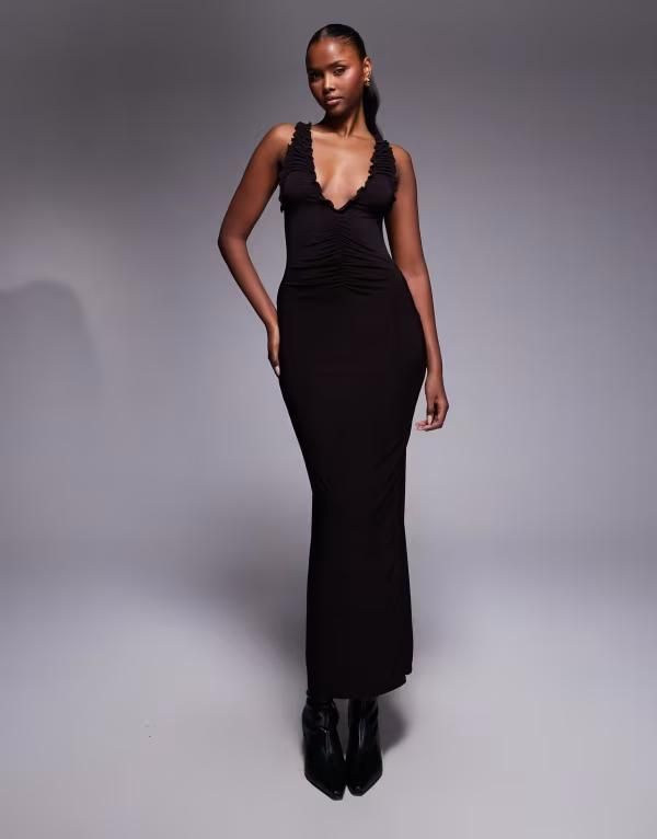 エイソス レディース トップス ワンピース ミディワンピース ギャザー ミディ ノースリーブ ASOS DESIGN sleeveless ruched neckline midi dress in chocolate chocolate チョコレート