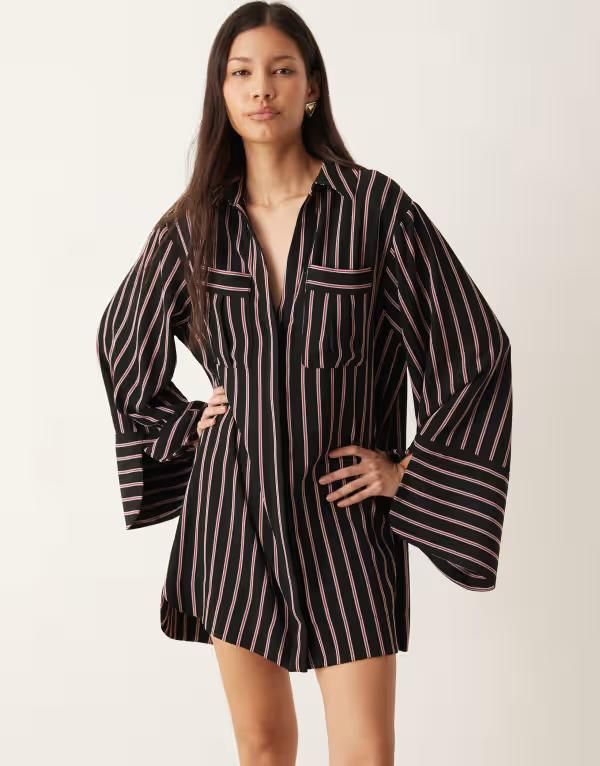 エイソス レディース トップス ワンピース シャツワンピース ミニ シャツ ASOS DESIGN mini shirt dress with wide cuffs and oversized pockets and red stripes Black and
