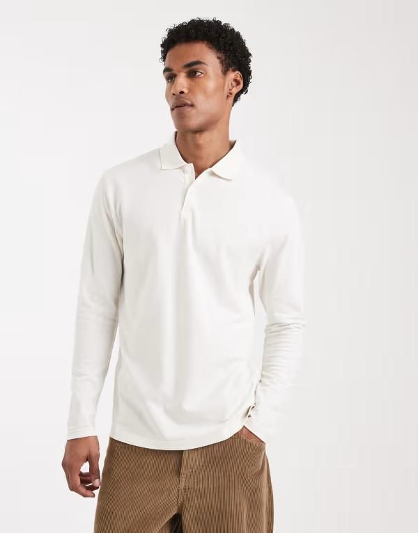 エイソス メンズ トップス ポロシャツ ASOS DESIGN essentials long sleeve polo in cream pique Coconut milk クリーム