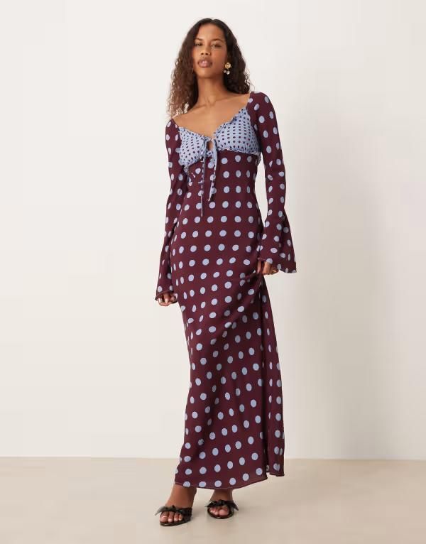 エイソス レディース トップス ワンピース マキシワンピース ドット マキシ ASOS DESIGN long sleeve frill detail maxi dress polka dots Burgundy spot バーガンディ