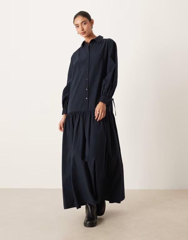 エイソス レディース トップス ワンピース シャツワンピース タイディテール シャツ マキシ ASOS DESIGN long sleeved tie detail maxi shirt dress NAVY ネイビー