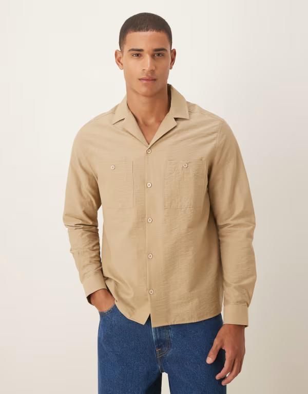 エイソス メンズ トップス シャツ ASOS DESIGN relaxed camp collar textured shirt with double pockets BEIGE ベージュ