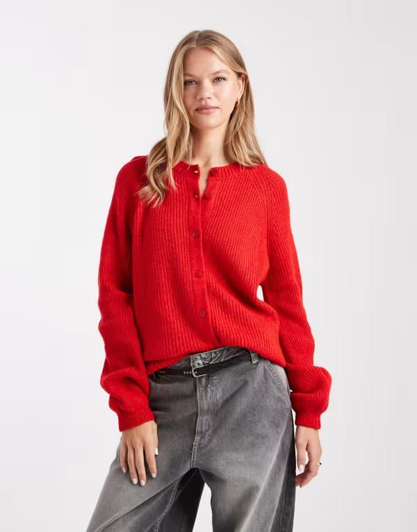 エイソス レディース アウター カーディガン ニット ASOS DESIGN knit raglan cardigan Red レッド