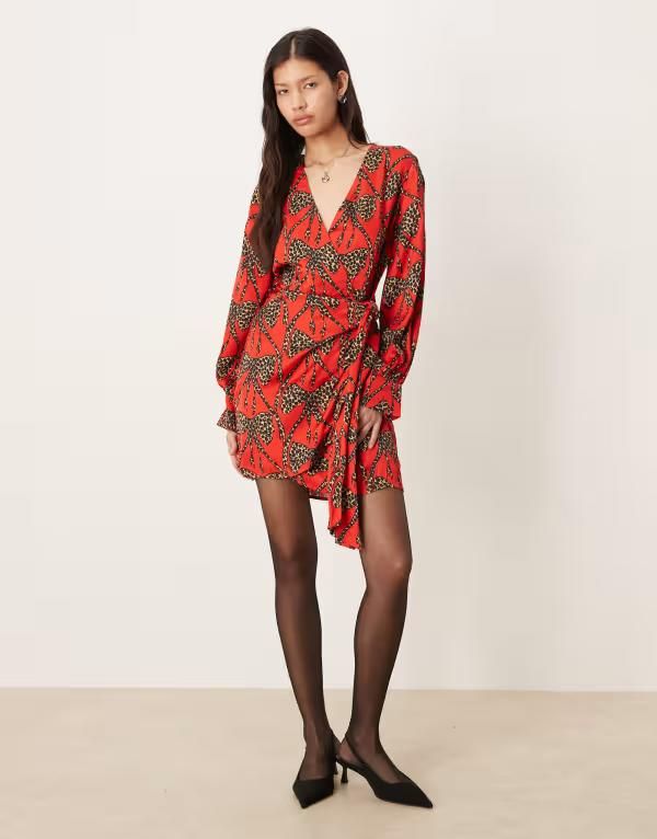 ネバーフリードレスド レディース トップス ワンピース ミニワンピース ミニ サテン Never Fully Dressed leopard bow satin mini dress Red bow レッド