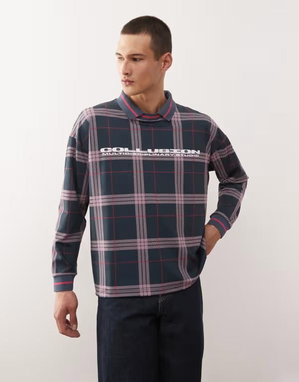 コルージョン メンズ トップス Tシャツ COLLUSION long sleeve check soccer top NAVY ネイビー