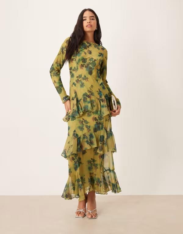 エイソス レディース トップス ワンピース シフォン フラワー柄 フリル マキシ フラワー ASOS DESIGN long sleeve ruffle chiffon maxi dress floral Green floral グリーン