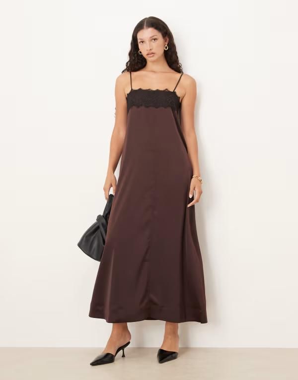 エイソス レディース トップス ワンピース マキシワンピース オーバーレイ サテン レース マキシ ASOS DESIGN lace overlay cami satin slip maxi dress in chocolate Chocolate チョコレー