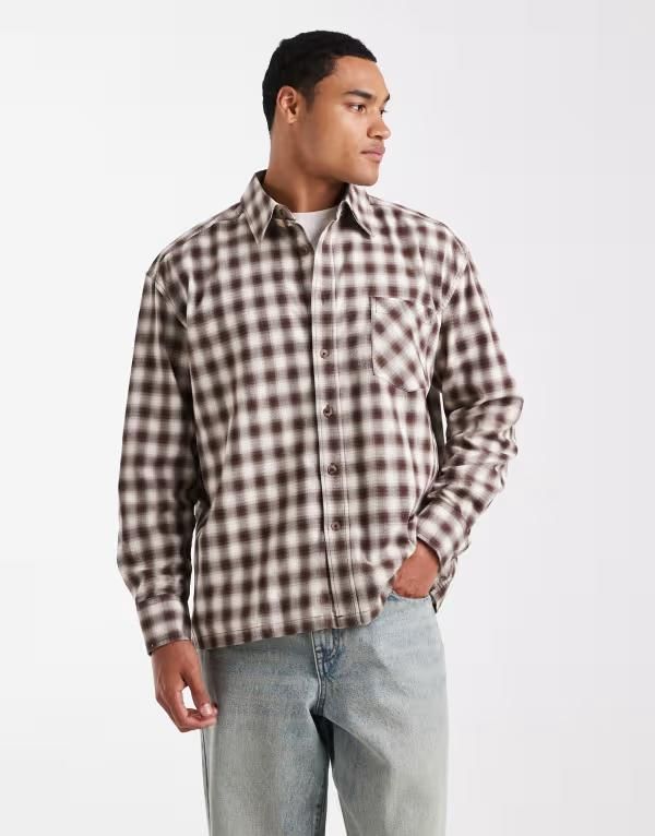 オンリーアンドサンズ メンズ トップス シャツ ONLY SONS relaxed crop long sleeve shirt with cream checks Walnut クリーム